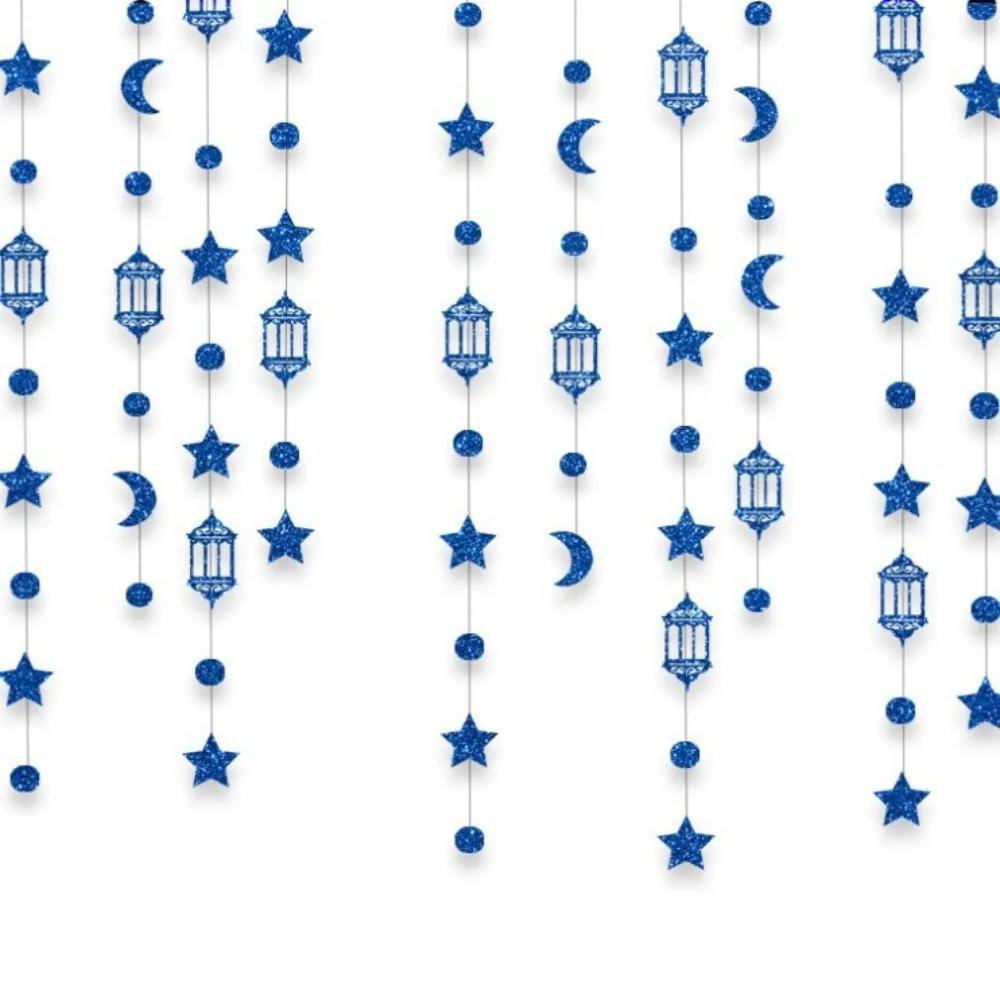 Gold Silver Eid Mubarak Banners Glitter Paper DIY Paper Star Moon Lantern Ceiling Hanging Pull Flag Hang Garland