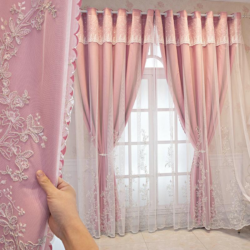 Modern European Style Curtains Pink Lace Embroidery Thickened Curtains Blackout Sunscreen Bedroom Living Room Balcony Curtains