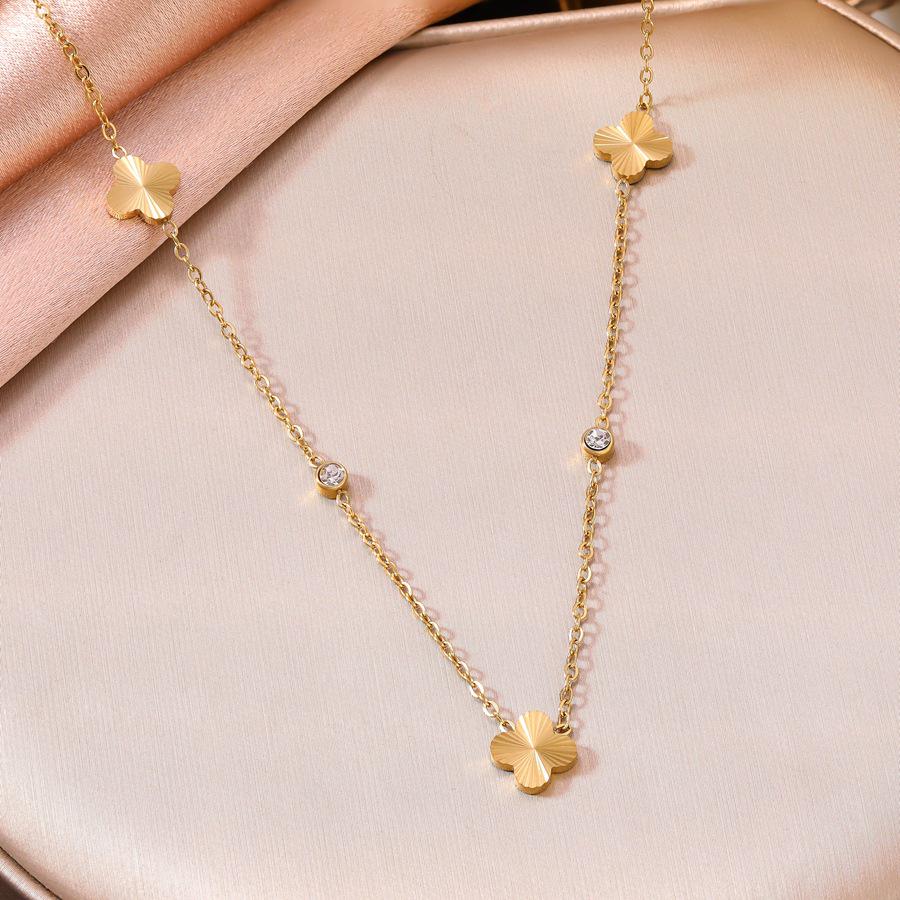 18K Gold Stainless Steel Five-Petal Zircon Flower Jewelry Set for Women (Bracelet, Necklace, Earrings)