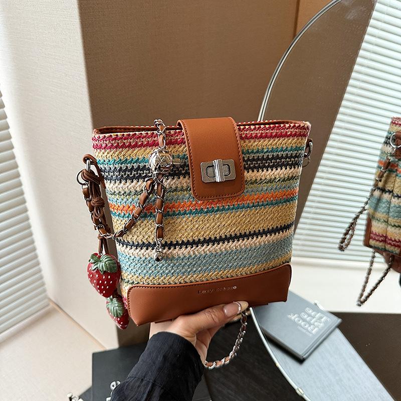

Rainbow bucket bag women s large capacity 2025 new summer small bag vacation style fashion woven shoulder messenger bag 22*6*20