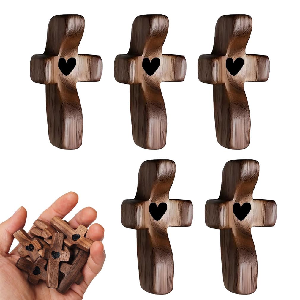 [Handheld Cross with Heart Cutout] Wooden Pocket Cross with Heart Cutout, Stress Relief Handheld Cross, Encouragement Gift for Comfort and Hope