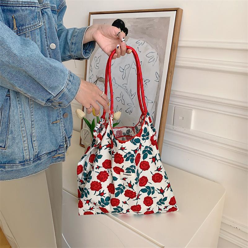 Hanfeng Summer Largecapacity Hand Carry Shoulder Bag Drawstring Shopping Bag Fresh Floral Tote Bag Underarm Bag