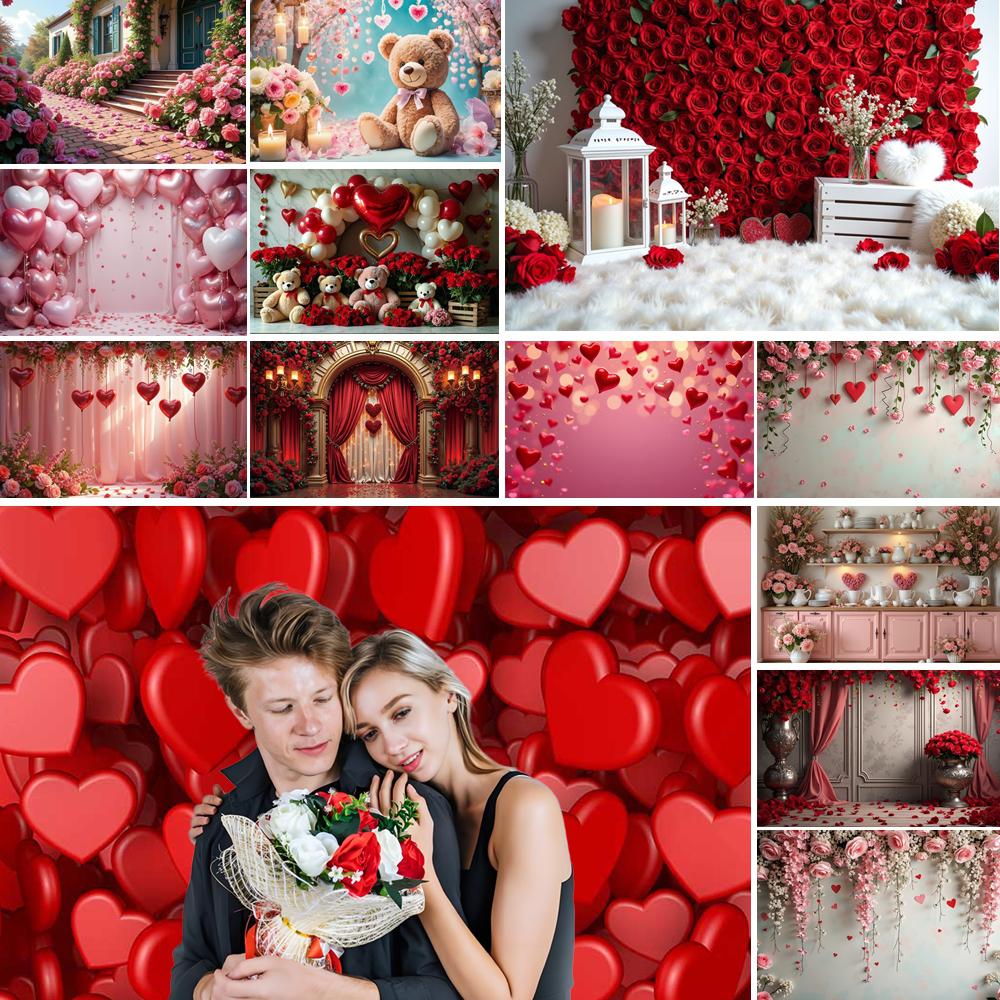 MOON.QG Valentine's Day Decoration Photo Background Candy Shop Teddy Bear Rose Soad Backdrops For Photography Studio Photozone