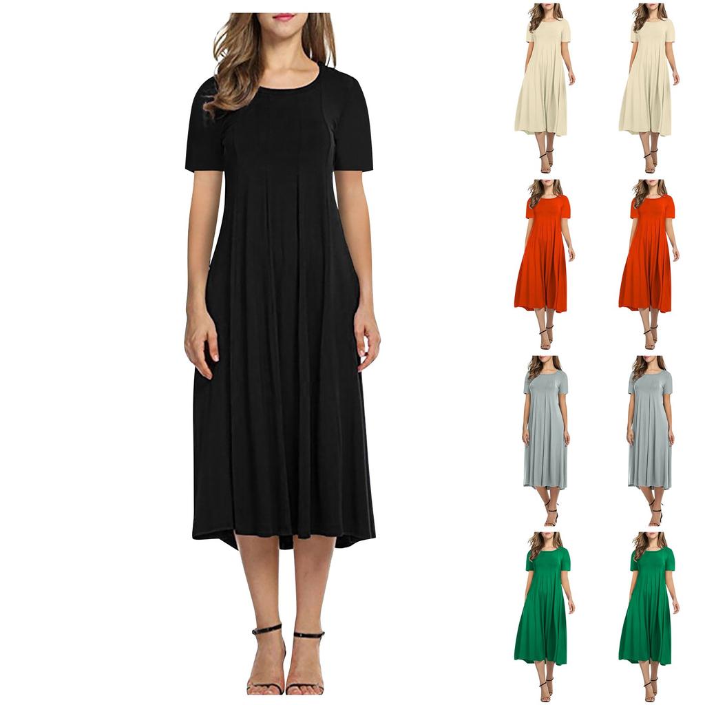 Women Casual Round Neck Short Sleeve Solid Color Midi Dress Loose Fit Flared Hem Comfortable Everyday Wear Simple Design