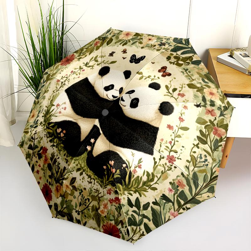 Fantasia panda e erba, ombrello pieghevole automatico, design portatile e pieghevole, 8 stecche, un regalo di Natale o di compleanno.