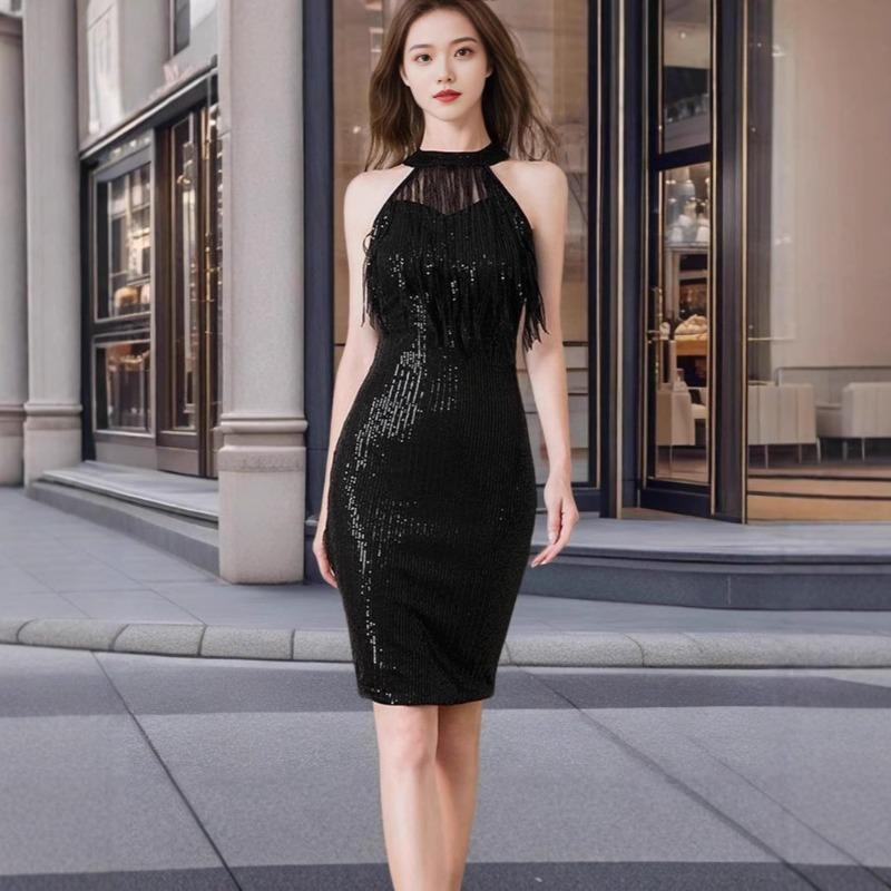 Women's Sexy Party Halter Sequin Fringe Dress Nightclub Sleeveless Slimming Mid-length Dress Dress