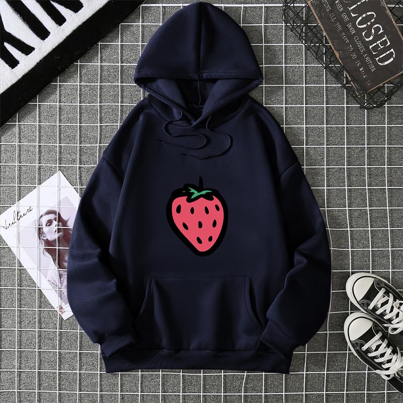 Hooded Sweatshirt Strawberry Cartoon Print Street Fashion Model Wearing Black White Unisex Casual Hoodie