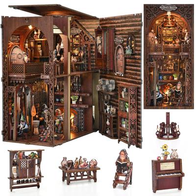 Kit Book Nook - Puzzle 3D en Bois DIY Miniature Maison de Poupée Étagère à Livres avec Butées et Lumières LED Activées au Toucher "Maison du Gnome Joyeux