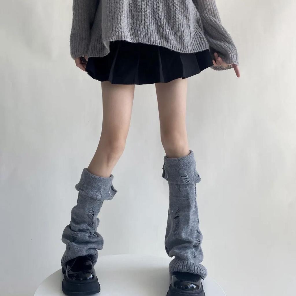 Autumn Winter Japanese Y2K Spice Girl Subculture Hole Open Cuffed Ripped Mid-calf Cute Versatile Leg Socks Covers