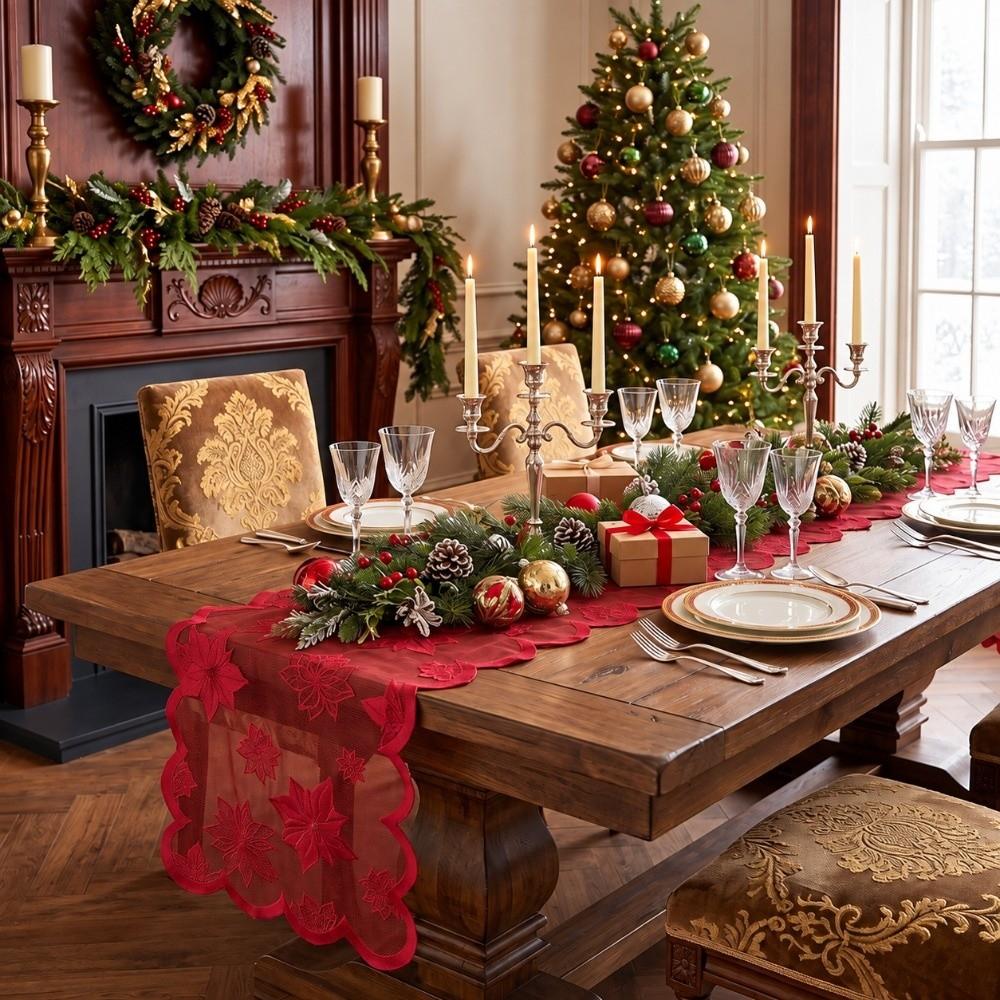 Jacquard Weave Christmas Table Runner Sheer Lace Jacquard Table Runner Holiday Party