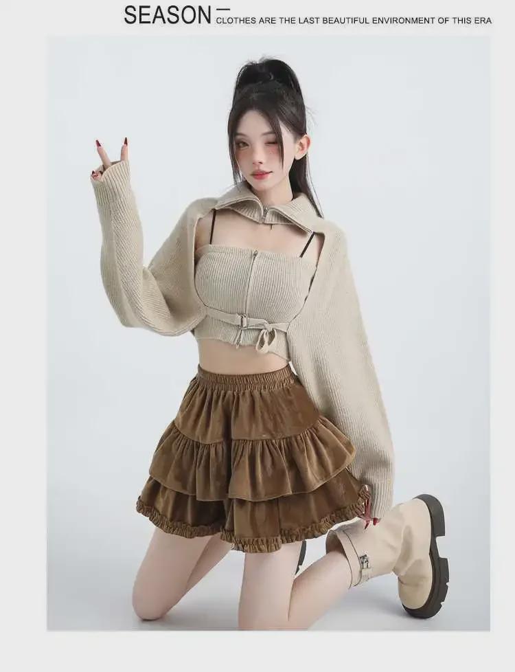 Fustă A-line pufoasă din catifea în stil balerină cu talie înaltă subțire și tiv cu volane pentru femei