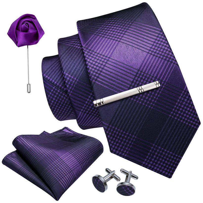 Barry, Wang Tie Set for Men Purple Paisley Silk Necktie Hanky Cufflinks Boutonniere Tie Clip Set
