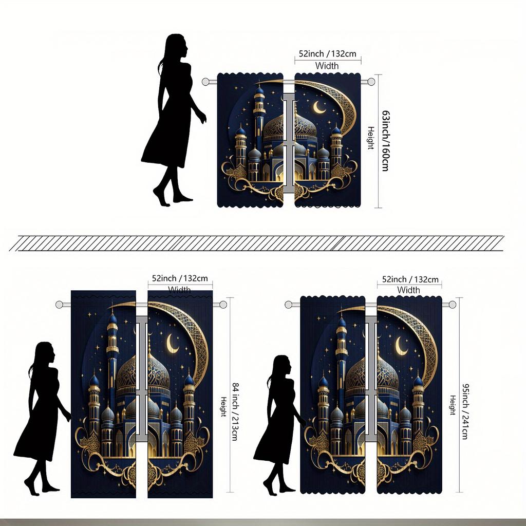 Set Of 2 Islamic Architecture Curtains Golden Star Moon Print Polyester Living Room Bedroom Light Blocking Made Area Window Treatment