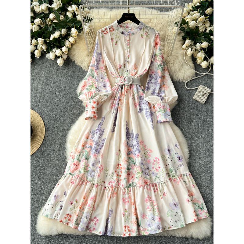 Classy Exquisite Dress Women's Ladies Fashion Elegant Retro Lantern Long Sleeve Waist Trimming Printing French Suit Long Dress