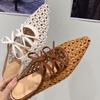 Women Weave Slippers Lace Up Flats Sandals Woman Shoes Summer Trend 2025 New Bow Shallow Slides Walking Cozy Zapatillas De Mujer