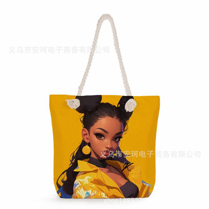 Multifunctional Fairy Tale Style Printed Thick Rope Shoulder Beach Bag Casual Large Capacity Handbag 0106 CLE