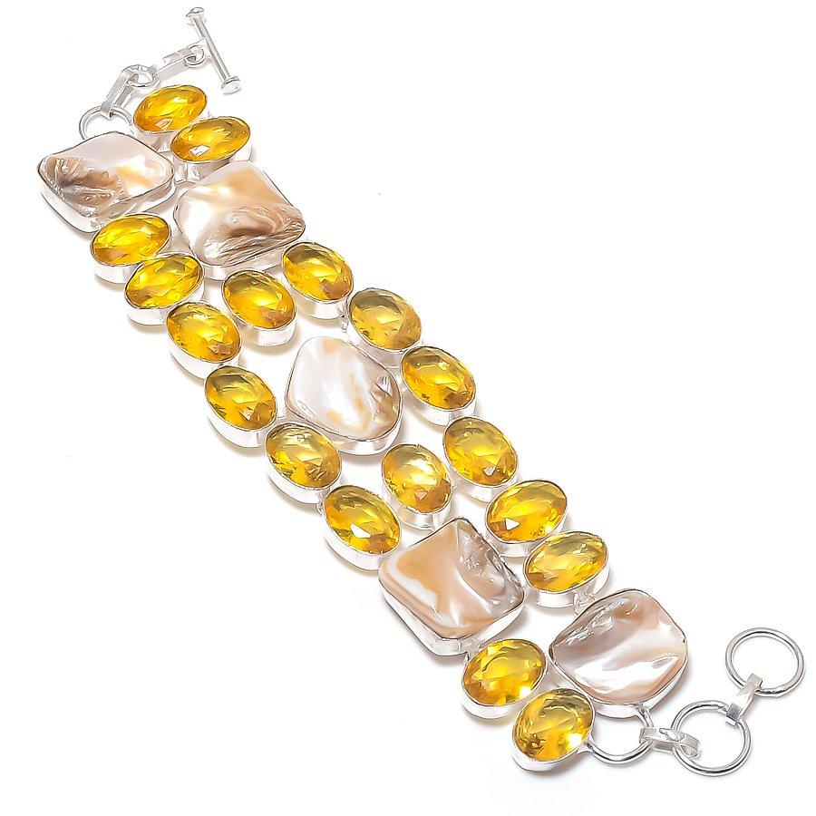 

Natural Biwa Pearl, Citrine Gemstone 925 Sterling Silver Bracelet 7-8 y3c82