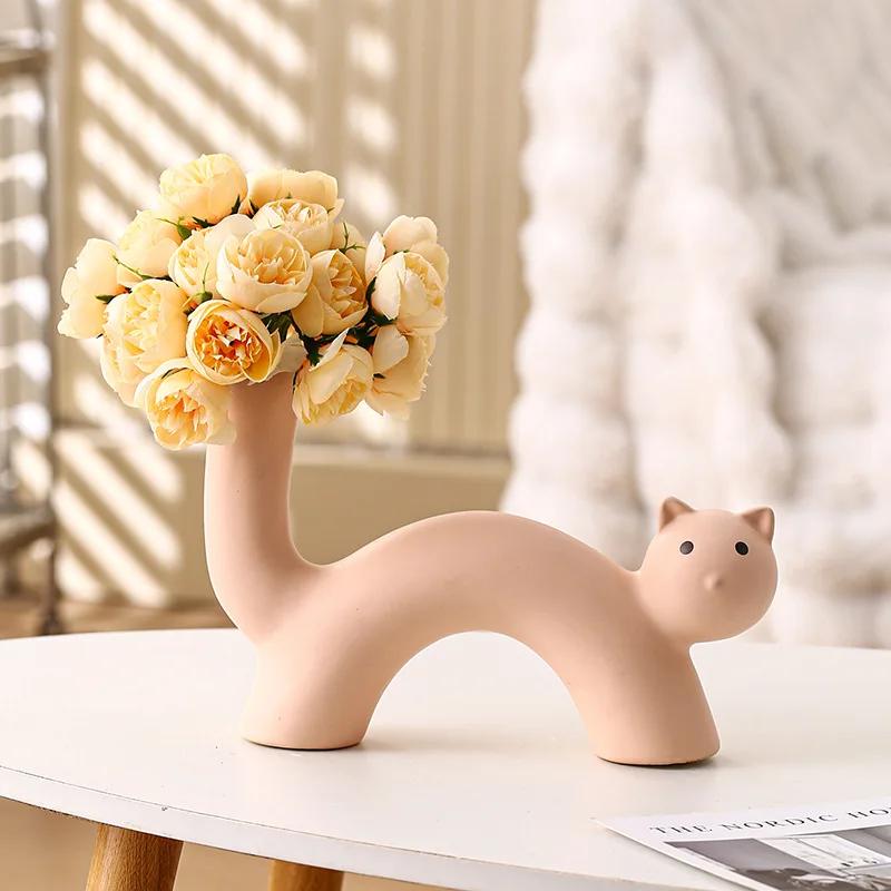 ins cream wind art ceramic vase cute cat vase flower arrangement simulation flower device living room desktop ornament
