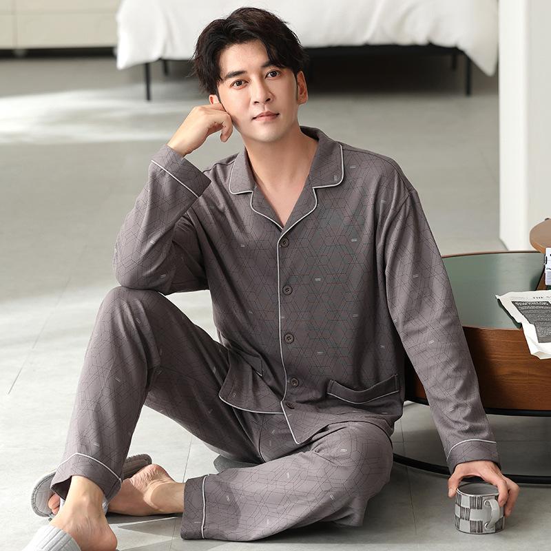 Men'S Pajamas Spring And Autumn Cotton Long-Sleeved Dad Fattened Plus Size Men'S Loungewear Suit