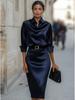 2026 Elegant Swing Collar Solid Color Long Sleeve Women's Dress