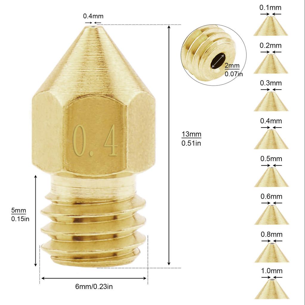 1 Stück 0,2/0,3/0,4/0,5/0,6/0,8/1 mm 3D-Drucker Messingdüse passend für Creality CR-10/Ender 3 5, MK8 Extruderdüsen