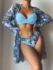 2023 European & American Women's Three-Piece Bikini Set with Cardigan, High-Waisted Bottoms, and Sunscreen Cover-Up.