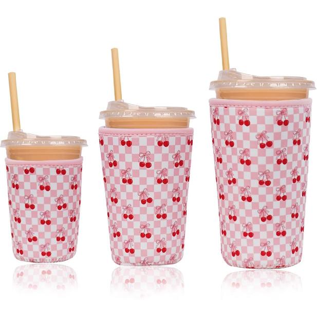 Reble Ulated Neoprene Iced Coffee Cup Sleeve, Durable Drink Sleeve for Cold Beverages, Beverage Holder for Iced Coffee, Floral Checkers