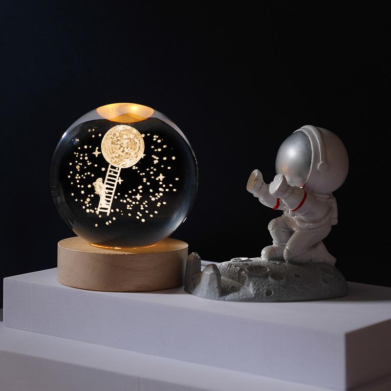 Remote Control Crystal Ball Night Light with Wooden Base – 3D Carving Luminous Glass Ornament, Perfect for Birthdays.