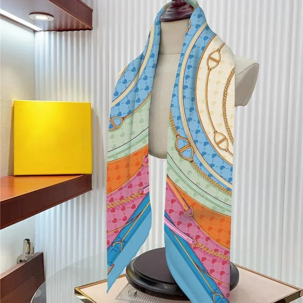 1PC90Cm French Love Circle Belt Chain High Quality Twill Silk Shawl Sunscreen Large Square Scarf Decorative Scarf Wholesale