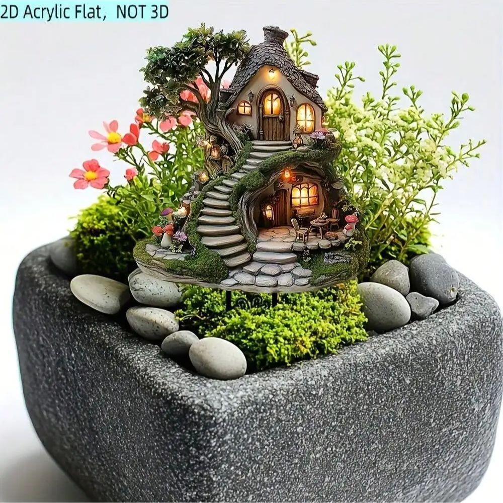 1 skurriler Acryl-Baumhaus-Gartenstecker - bezaubernde Außendekoration, geeignet für Topfpflanzen und Blumenbeetdekoration