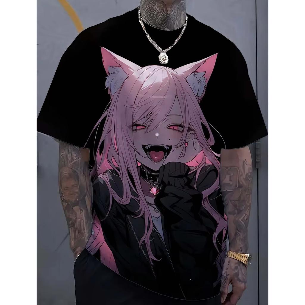 2026 Sommer Herren Harajuku Stil T-Shirt 3D Cartoon Tattoo Mädchen Druck Kurzärmelig Lässig Trendig Street Herren Oberteil