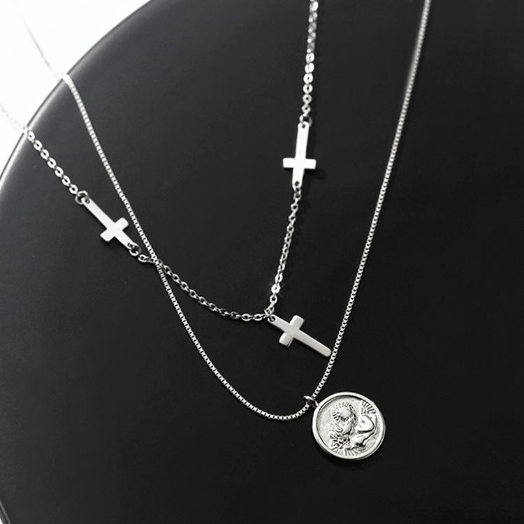 New Temperament Round Brand Angel Female 925 Sterling Silver Jewelry Personality Double Cross Pendant Necklaces TYB367