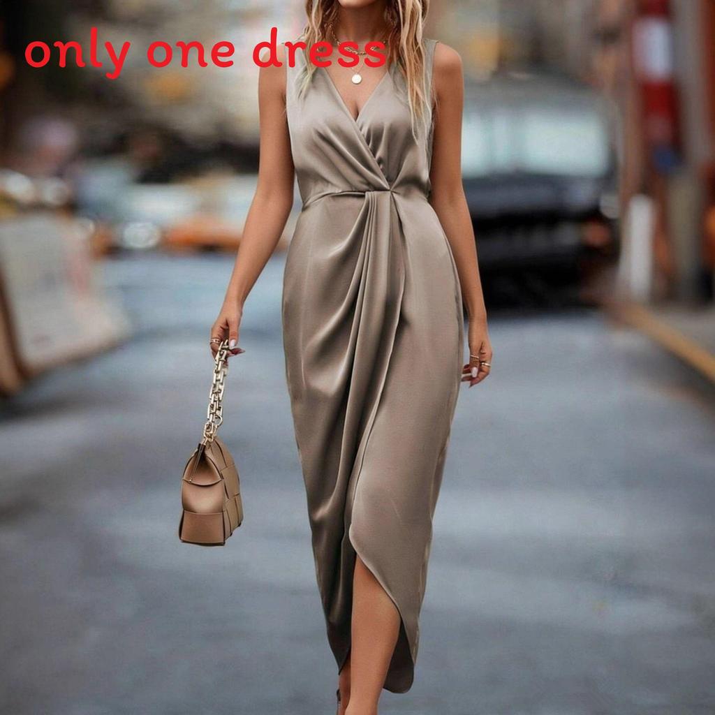Elegant V Neck Sleeveless Long Dress With Asymmetric Hem For Formal Events