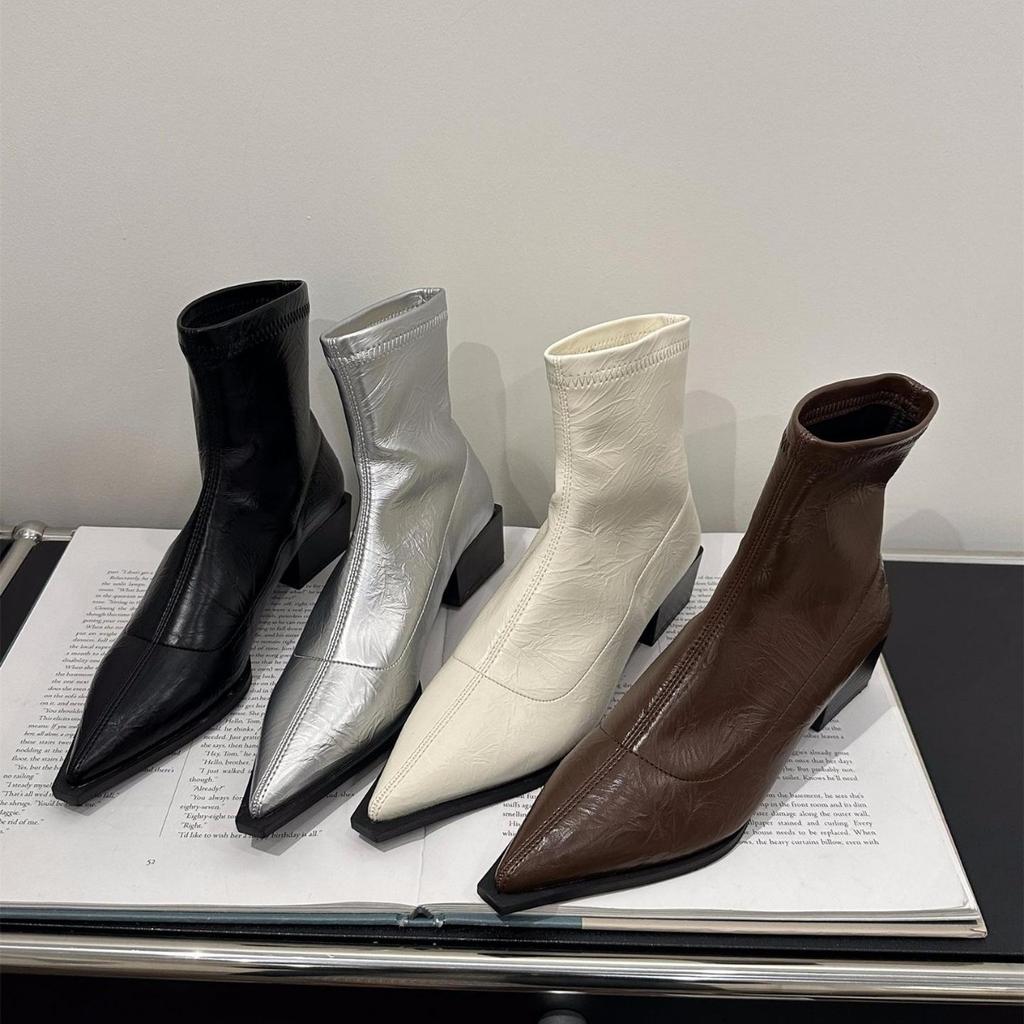 Thick Heel Pointed Head Thin Foreign Style Small Short Boots Women's Shoes 2025 New Silver French Temperament Spring and Autumn Single Boots