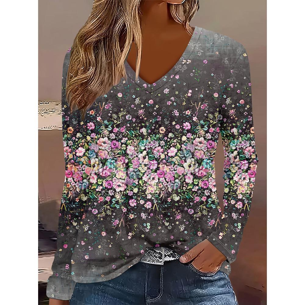 Spring Autumn Fashion Comfortable Soft V-neck Long Sleeve T-shirt Creative Butterfly Flower Loose Casual Women Versatile 3D Printed T-shirt
