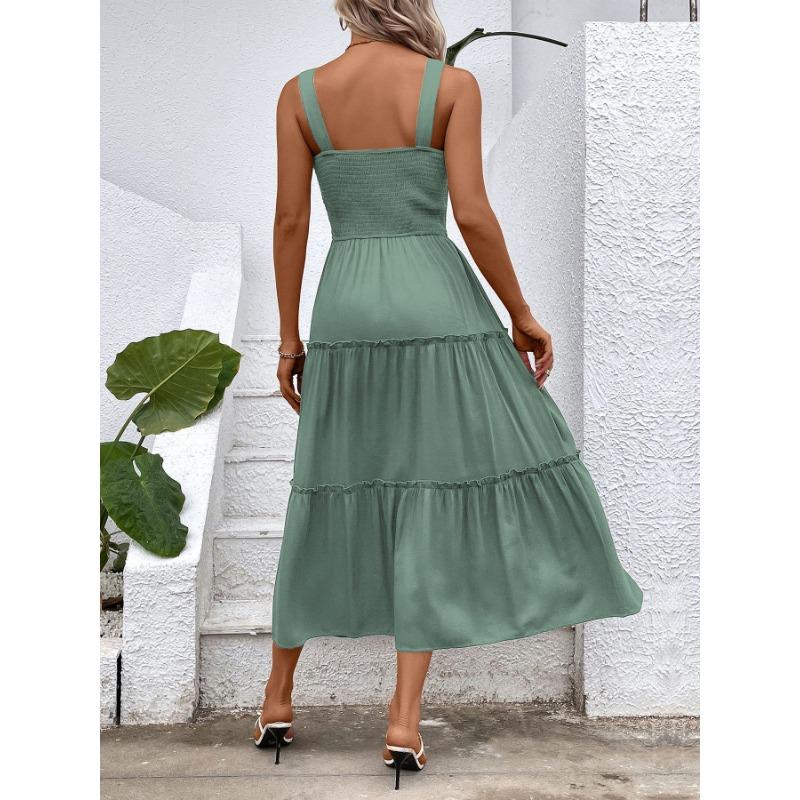 VEZFAA Kvinnemote Sommer Vår Ensfarget Print Ermeløse seler Høy midje Uformelle kjoler