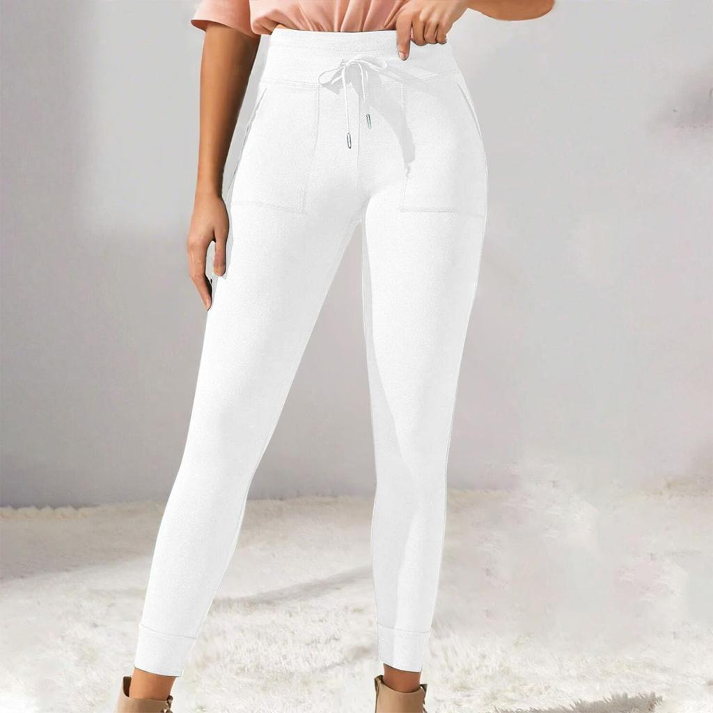 Damenhose mit hoher Taille, einfarbig, mit Kordelzug, zum Schnüren, lässige Hose, elastische, schmale, lange, enge Lauf-Stretch-Fitnesshose