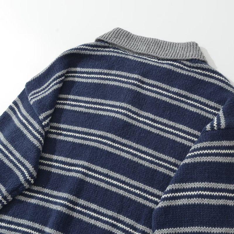 Kaslead New Women clothes Western Style Fashion Simple and Versatile Long sleeve Lapel Stripe Knit sweater