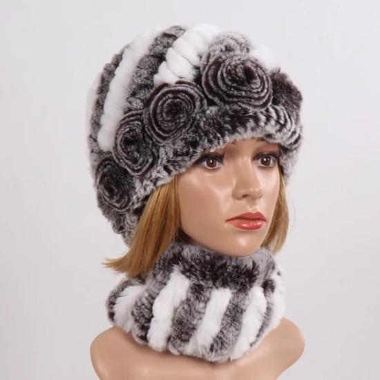 New Good Elastic Lady Winter Rex Rabbit Fur Hats Scarves Knitted Women Natural Fur Caps Scarves Sets 2 Pieces Hats Mufflers
