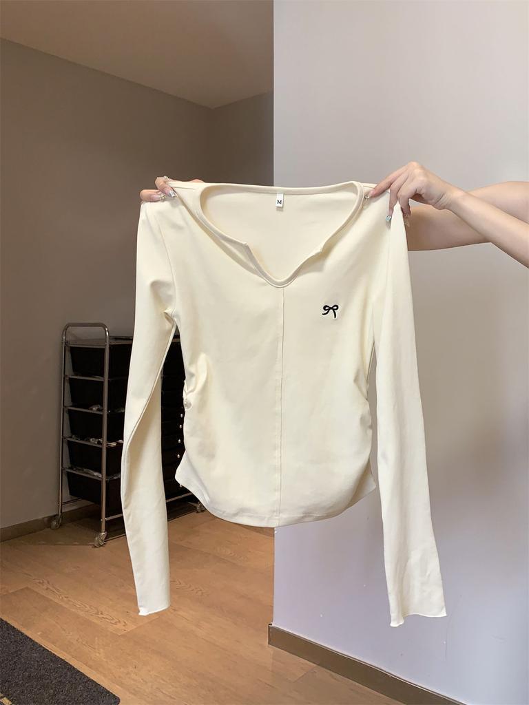 Small Neck Embroidered Splicing Bottom Shirt Women's Spring Waist Pleated Front Shoulder Long Sleeve T-Shirt Top