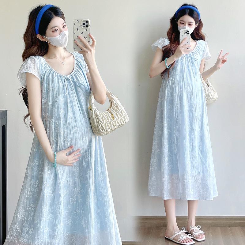 2026 Summer Maternity V-Neck Lace-Up Casual Long Dress Medium
