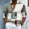 Men's Collar Long Sleeved Shirt with Color Block Splicing and Geometric Printing, Casual Loose Fit Shirt Suitable for Street and
