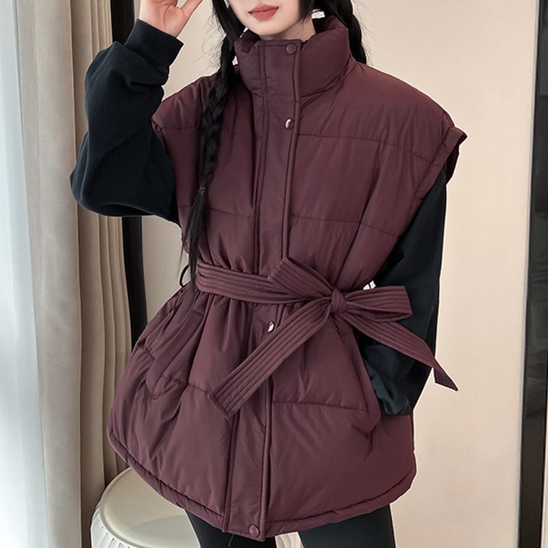 

Модный зимний теплый жилет женский верхняя одежда с поясом без рукавов парка повседневный толстый женский жакет M вино красного