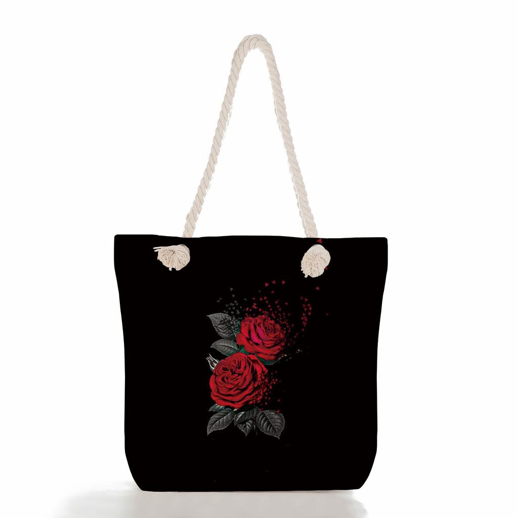 Multifunctional Coffee-colored Girl Printed Thick Rope Shoulder Beach Bag Casual Large Capacity Handbag 0107