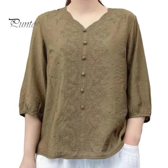 

Женская рубашка с V-образным вырезом и коротким рукавом, вышитый цветочный узор, свободный крой, однотонная повседневная блузка, повседневная одежда XL хаки