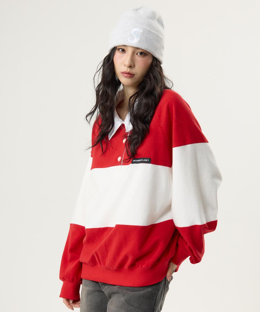 UNKNOWN PLANET Daily Cotton Collared Color Block Sweatshirt Red