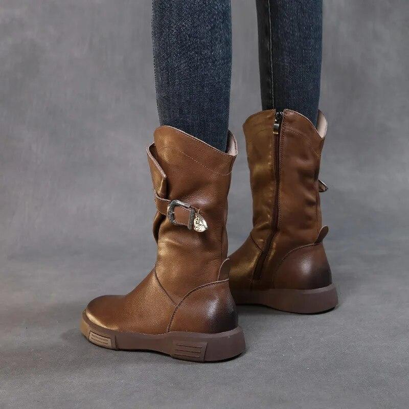 Johnature Genuine Leather Flat Mid-calf Boots For Women's Vintage Solid Color Side Zippered Boots