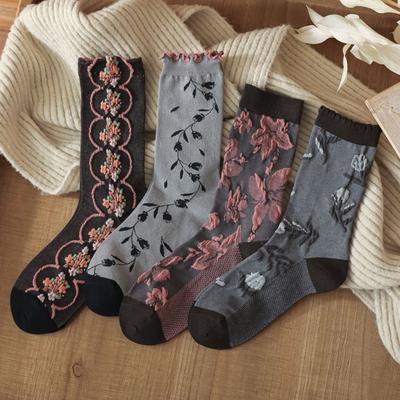 3 Paires Chaussettes Femme Style Coréen Mode Imprimé Fleurs Automne Hiver Mi-mollet Ensemble Chaussettes Dame Chaussettes Douces Confortables Femme