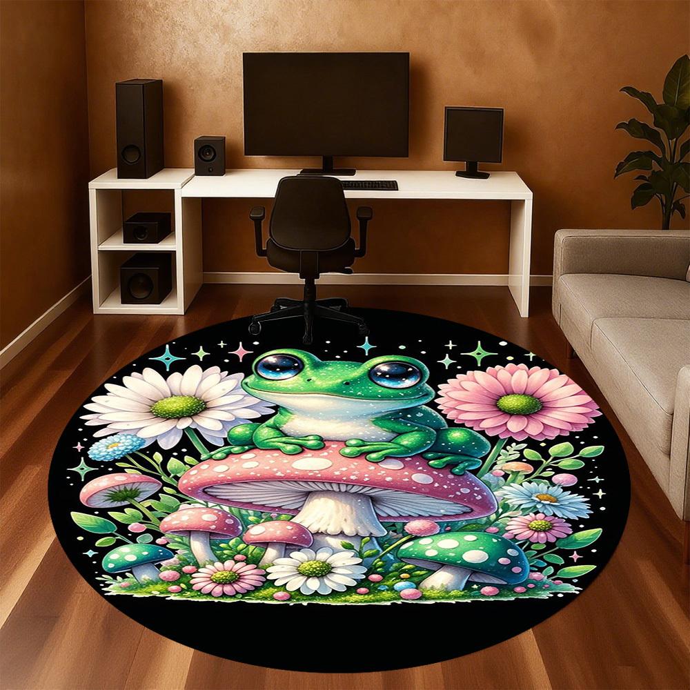 1PC Frog Mushrooms Flowers Round Chair Mat Area Rug - Non-Slip, Floor Mat for Office, Bedroom, Home Decor Christmas Gift C0528056