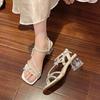 French Rhinestone Bow Fairy Style High Heel Sandals Female Summer Fashion Beautiful Silver Thick Heel with Sandals